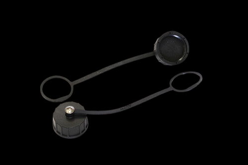 Haltech Waterproof Elite USB Cap pair, two rubber tethered caps with grip knob and lens cover, black background