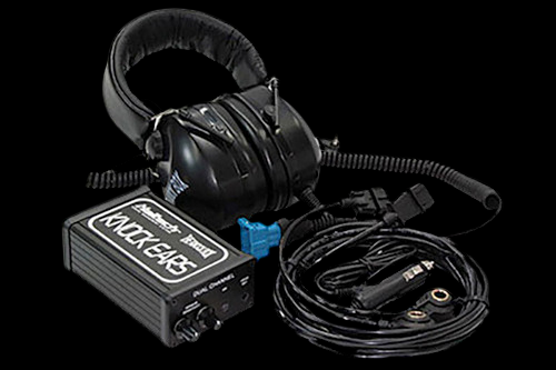 Haltech Pro Tuner Knock Ears Kit with headset, control box, cables and two sensors on black background