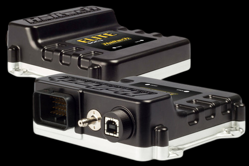 Haltech Elite 750 ECU, two units shown, top view with logo and front connector view with USB and sensor ports