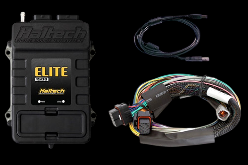 Haltech Elite 1500 ECU with CAN cable and basic wire in harness, connectors and multicolor wiring shown