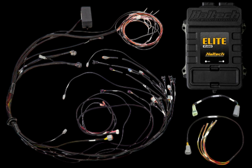 Haltech Elite 1500 ECU with terminated wiring harness, square EV1 injector connectors, and adapter plugs