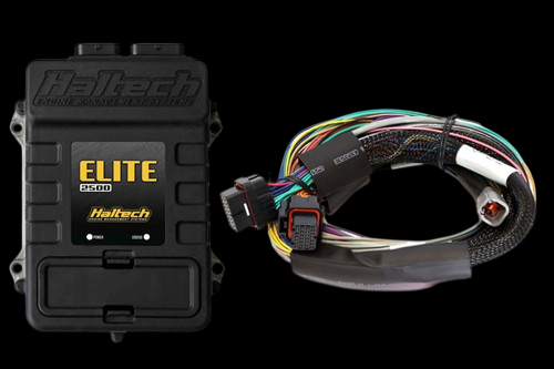 Haltech Elite 2500 ECU with basic universal wire-in harness kit, front angle view showing connectors and multicolor wiring