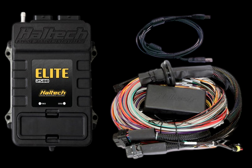 Haltech Elite 2500 ECU with premium wire in harness, CAN cable, and multi pin connectors, front angle view