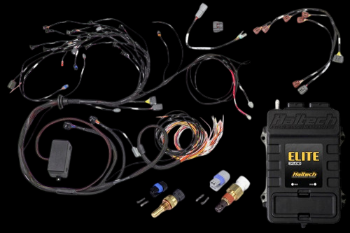 Haltech Elite 2500 ECU kit with terminated engine harness, connectors, and two threaded sensors laid out flat