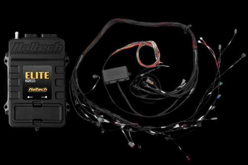 Haltech Elite 2500 ECU with terminated wiring harness and EV1 injector connectors laid out flat