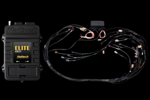 Haltech Elite 2500 ECU shown front angled beside its terminated wiring harness with EV6 injector connectors