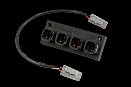 Haltech Elite CAN HUB 4 Port DTM-4 with attached cable and connectors, black plastic housing, top angle view