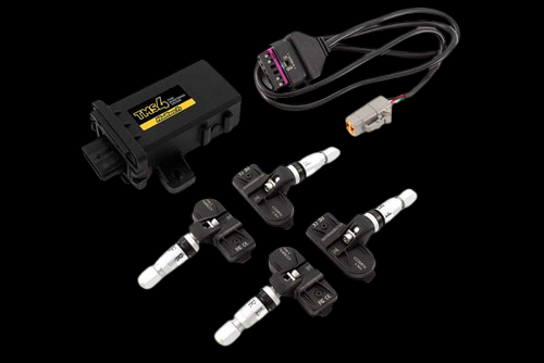 Haltech TMS-4 tire monitoring system, black control unit, wiring harness and four sensor valve stems