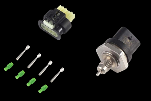 Haltech Bosch 4000 PSI sensor with connector housing and four green sealed terminal pins on black background