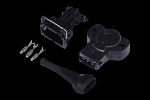 Haltech black CCW throttle position sensor kit with connector housing, pins, and boot on black background