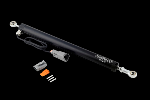 Haltech Linear Position Sensor with rod ends, connector, terminals shown on black background, angled view