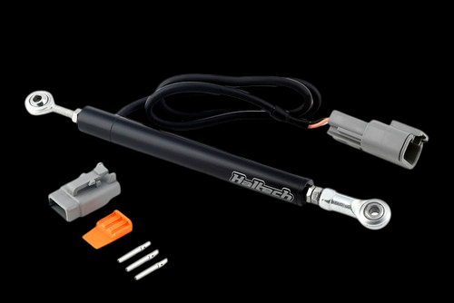 Haltech linear position sensor with rod ends, wiring harness, connector plug and terminal pins on black