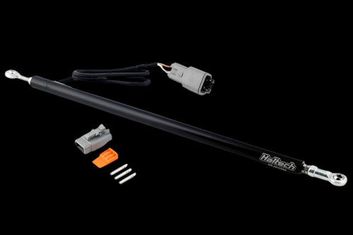 Haltach Linear Position Sensor, 200mm rod with rod ends, connector, pins and terminals laid out on black background