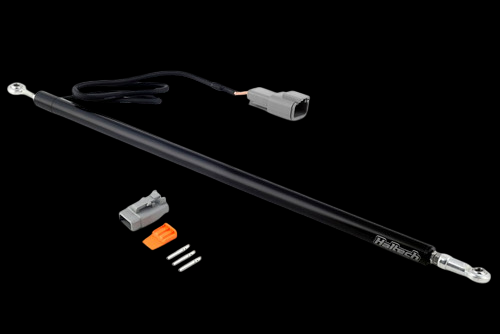 Haltech linear position sensor with rod ends, wiring harness and connector kit laid flat