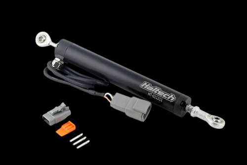 Haltech Linear Position Sensor with rod eyes, wiring harness, and connector kit on black background