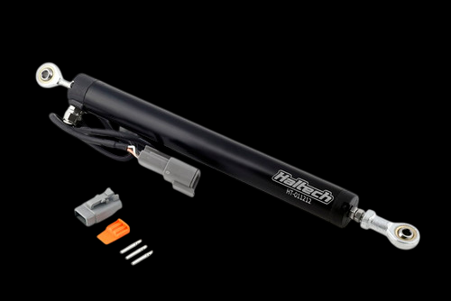 Haltech Linear Position Sensor, 150mm travel, black body with rod ends, connector and pins beside it