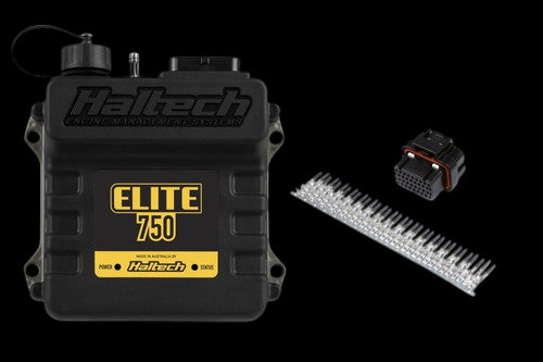 Haltech Elite 750 ECU with black connector plug and terminal pin set laid out beside it