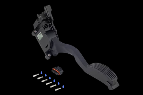 Haltech DBW Pedal Assembly with sensor housing, pedal arm, connector plug, and mounting pins on black