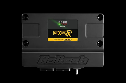 Haltech NEXUS S3 ECU, front view showing status LEDs, connector ports and mounting bolts