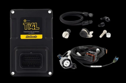 Haltech Nexus Ti4L Transmission Interface Kit with black control module, wiring harness, connectors and fittings