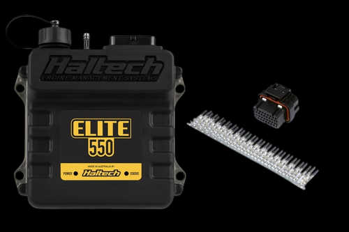 Haltech Elite 550 Universal ECU shown with black connector plug and pin set on white background