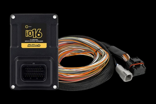 Haltech NEXUS IO16 expander module, front view with connector, coiled wiring harness alongside