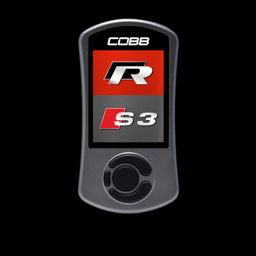Cobb AccessPORT V3 handheld tuner, front view, showing screen with R and S3 logos, control knob below.