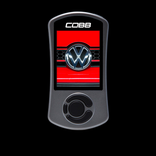 Cobb AccessPORT V3 handheld device, front view, red VW logo screen, silver rotary dial button below