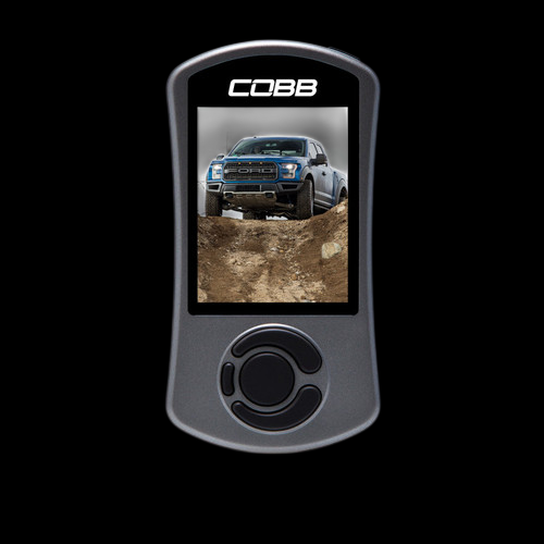 Cobb AccessPORT V3 for Ford F-150 Raptor, front view showing screen with blue Raptor image and control dial