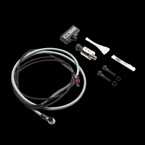 Cobb GT-R CAN Gateway fuel pressure kit, top view showing sensor, cable, mount, and hardware