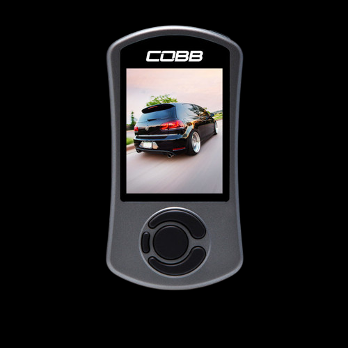 Cobb AccessPORT V3 handheld tuner for VW Golf GTI, front view showing screen and control dial