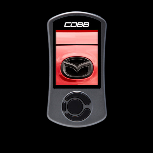 Cobb AccessPORT V3 handheld device, front view, red screen with Mazda logo, gray body
