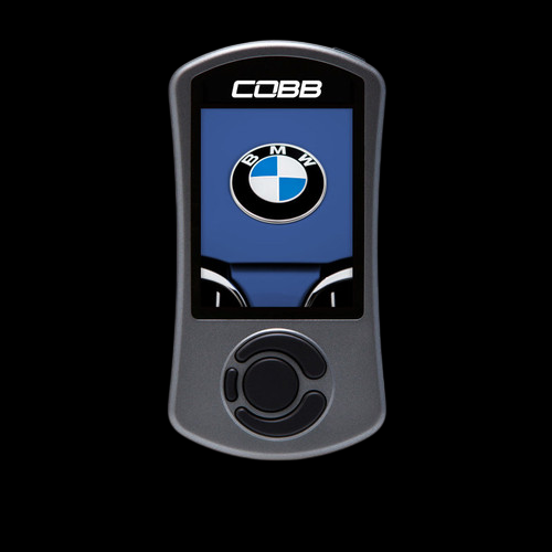Cobb AccessPORT V3 for BMW 135i/335i/335xi, front view showing screen with BMW logo and control dial