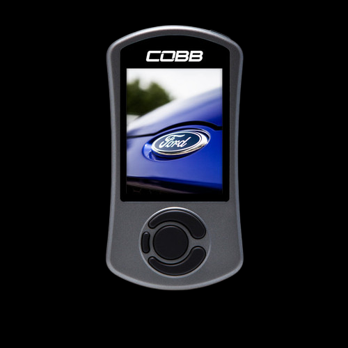 Cobb AccessPORT V3 handheld tuner, front view, screen shows blue Ford hood with Ford badge, D pad below