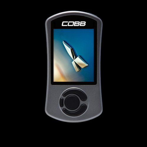Cobb AccessPORT V3 for Mitsubishi EVO X, front view showing screen with logo and control dial