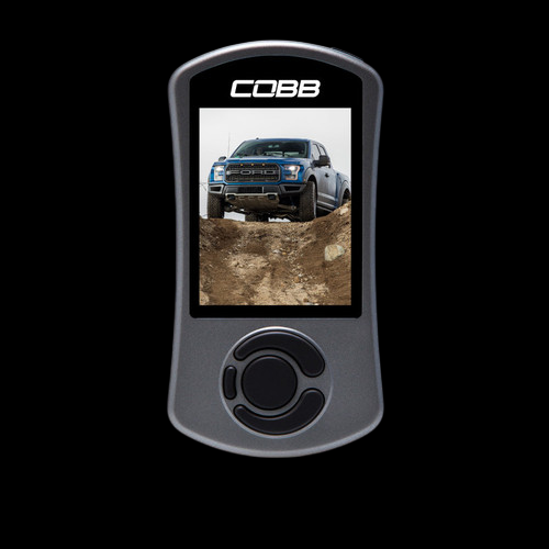 Cobb AccessPORT V3 for Ford F-150 Raptor, front view showing screen with Ford truck display and control dial
