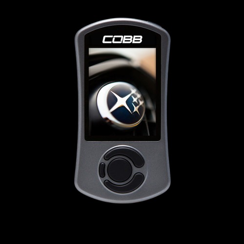 Cobb AccessPORT V3 tuner, front view, screen shows Subaru shift knob, control dial below