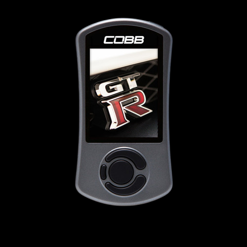 Cobb AccessPORT V3 for 2015 Nissan GT-R, front view showing screen with GT-R badge and control dial