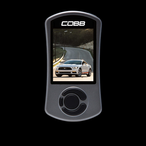 COBB AccessPORT V3 handheld tuner, front view, screen showing white Mustang, control dial below
