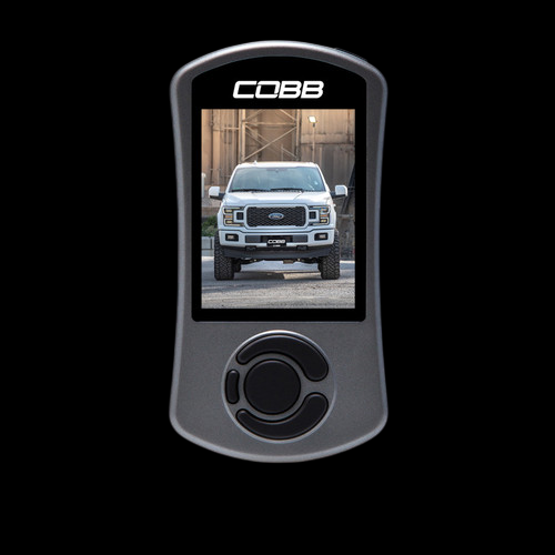 Cobb AccessPORT V3 for Ford F-150 EcoBoost 2.7L, front view showing screen with white truck display and navigation dial