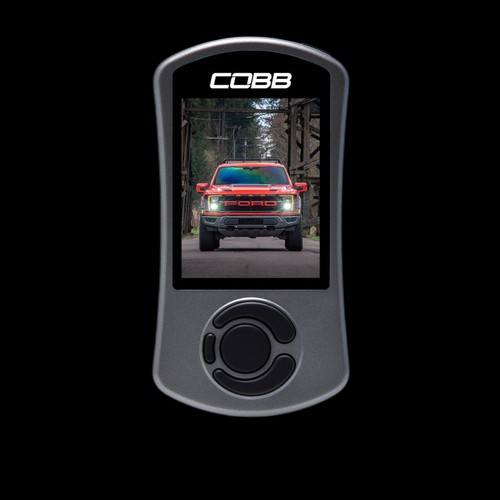 Cobb AccessPORT V3 for Ford Raptor, front view showing screen with red truck and control dial