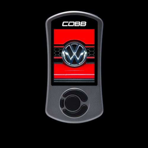 Cobb AccessPORT V3 handheld tuner, front view, red VW grille screen, round control dial below