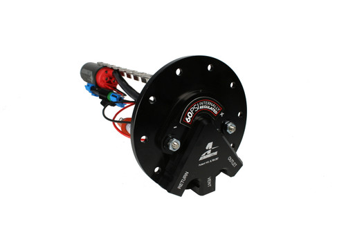 Aeromotive Phantom fuel pump module, top plate with fittings and wiring visible, angled view