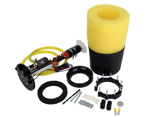 Aeromotive Phantom 340 Apex Kit 6-10in Depth, showing fuel pump module, wiring, foam filter sock, spacer rings, and mounting hardware