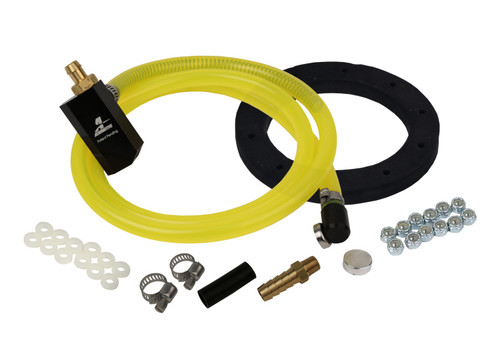 Aeromotive Phantom Apex Jet Siphon Kit with yellow hose, black gasket, clamps, and fittings laid out