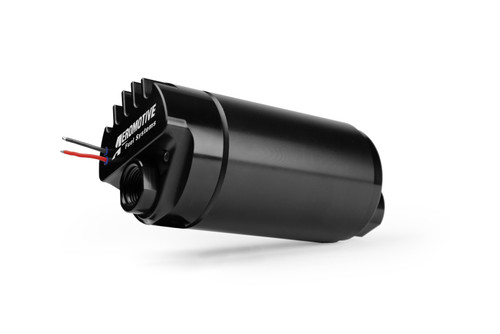 Aeromotive brushless spur 3.5 fuel pump, angled view showing inlet fitting and red, black wires