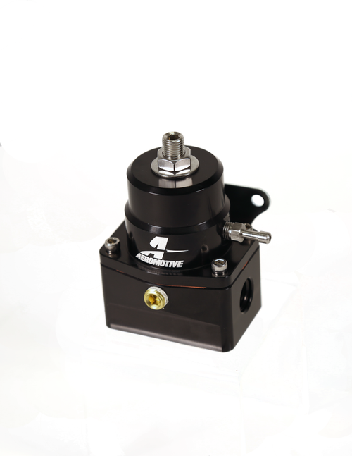 Aeromotive A1000-6 black EFI regulator, angled view showing top adjuster, side port, mounting bracket