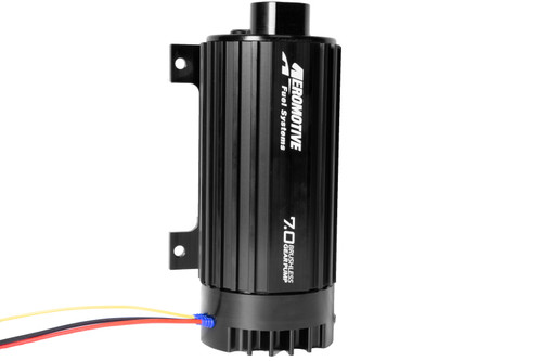Aeromotive TVS Spur 7.0 brushless external fuel pump, side view showing wiring leads and mounting bracket