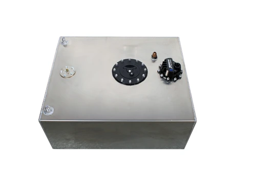 Aeromotive TRV 20 Gallon fuel cell, top view showing fill cap, sump plate and brushless pump assembly