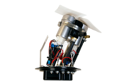 Aeromotive dual 450lph in tank fuel pump assembly, angled view showing wiring, fittings and mounting flange